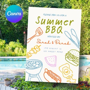 May include: A cream-colored invitation for a summer BBQ, featuring colorful illustrations of grilling tools and food items. The text reads "Summer BBQ" hosted by Sarah & Derek, with date and address details. A Canva logo is in the upper left corner.