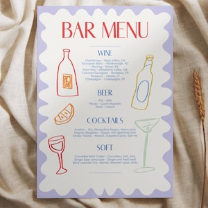 Funky Drink Bar Menü bearbeitbare Canva Vorlage | Hochzeit | Geburtstag | Ereignis | Trendiges buntes Design Cocktails | Wein und Bier