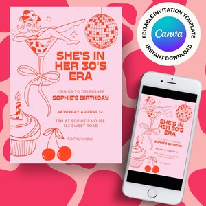 Retro Disco 30th Birthday Invitation, Western Pink Theme (Editable Canva Template)