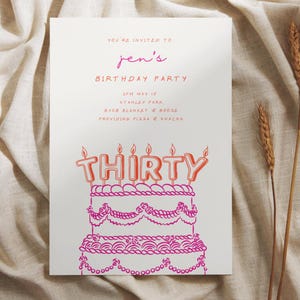 May include: A birthday party invitation featuring a pink and orange cake illustration. The text reads "You're invited to Jen's Birthday Party, 2PM May 10, Stanley Park, BYOB Blanket & Booze, Providing Pizza & Snacks, Thirty."