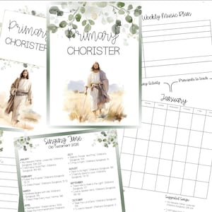 May include: A set of printable planner pages featuring the text "Primary Chorister" and images of Jesus. Includes a weekly music plan, reference list, and calendar. The pages are decorated with watercolour images and botanical accents.