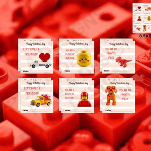 May include: Valentine's Day cards featuring Lego-style graphics. Each card has a different message, such as "Let's Build a Friendship" and "You Are My Favorite Piece." The cards are on a red background, with a sheet of matching designs in the corner.