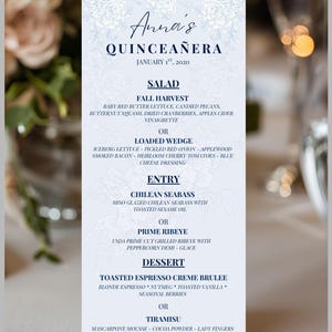 Menú de Quinceañera "Let's Eat", Plantilla de Menú con Letra Elegante, Menú de Boda Floral Azul, Menú Único, Tarjeta de Menú con Caligrafía Moderna Q013400FM
