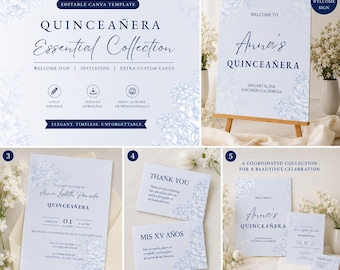 Editable Blue Floral Quinceañera Invitation Bundle | Welcome Sign, Invitation & Custom Cards | Canva Template | Essential Collection Q002Z