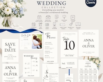 Royal Bue Wedding Complete Collection | 12 Canva Editable Wedding Templates and signs, W001Z