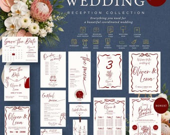 Red Bow Complete Wedding Stationery Bundle | 12 Editable Canva Wedding Templates | Invitation Suite, Reception Signs & Wedding Decor W002Z