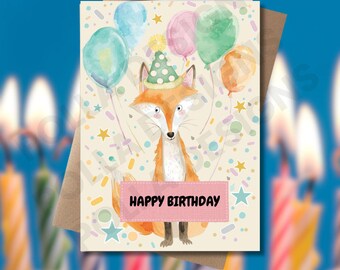 Fox Birthday Balloons Kids Printable DIY (Digital Download, 5x7in, Included Envelope File