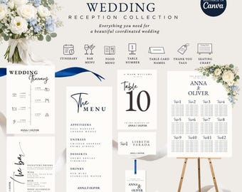 Royal Blue  Wedding Reception Collection, Seating Chart, Menus, Canva Templates, W001Z