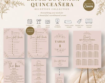Blush Botanica Quince Reception Collection | Seating Chart, Table Numbers, Menu, Favor Tags | Editable Canva Reception Templates | Q001Z