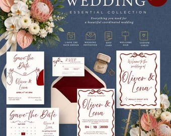 Red Bow Wedding Invitation Bundle | Save the Date, RSVP & Welcome Sign | Essential Collection | W002Z