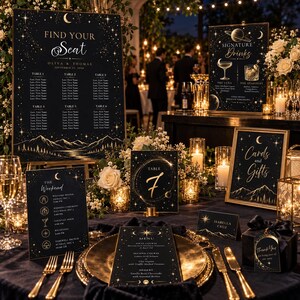 May include: A celestial-themed wedding stationery set featuring dark navy backgrounds with gold foil stars, moons, and mountain illustrations. The collection includes a large seating chart, a signature drinks sign, a table number, a menu, and a gift sign.