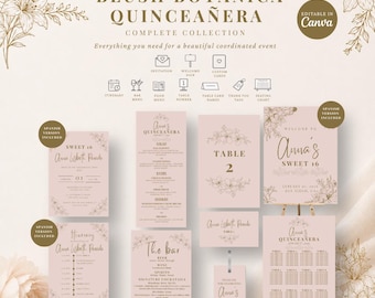 Blush Botanica Quince Complete Collection | Invitation, Welcome Sign, Seating Chart & Menu Templates | Canva Editable bundle Q001Z