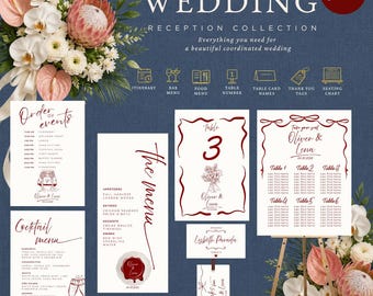Red Bow Wedding Reception Bundle | Seating Chart, Table Numbers, Place Cards & Menus | Editable Canva Wedding Templates W002Z