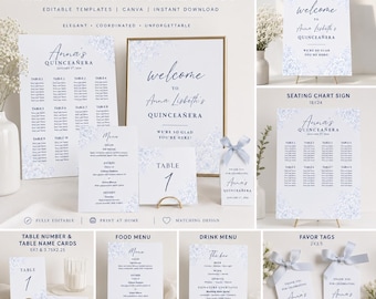 Quinceañera Blue Floral Reception Bundle | Seating Chart, Table Numbers, Menu, Favor Tags | Editable Canva Reception Templates | Q002Z