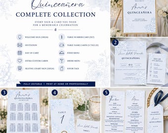 Blue Floral Quinceañera Bundle | Invitation, Welcome Sign, Seating Chart & Menu Templates | Complete Canva Collection Q002Z