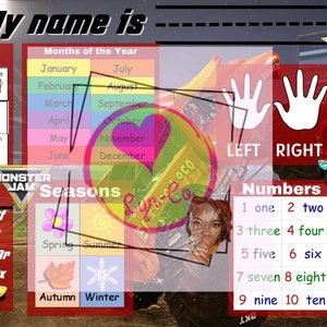May include: A colourful educational chart with the words "My name is" at the top. The chart includes sections for shapes, months of the year, ABC's, seasons, numbers, colours, and days of the week. The chart is decorated with images of a monster truck, a flower, a snowflake, a sun, and a leaf.