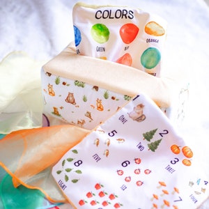 May include: A set of colorful fabric squares with images of colors, numbers, and animals. The squares are arranged in a stack on a white surface. The colors include green, red, orange, and blue. The numbers include one, two, three, four, five, six, seven, eight, nine, and ten. The animals include a squirrel, a bird, a ladybug, a mushroom, and an apple.