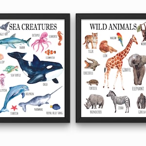 Sea Creatures Wild Animals Wall Art Set, Safari Animals, African Animals, Ocean Life, Shark, Montessori Science, Printable Art, Educational