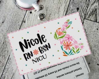 Bunny Floral Badge Name Tag: Customizable Laminated Spring Badge