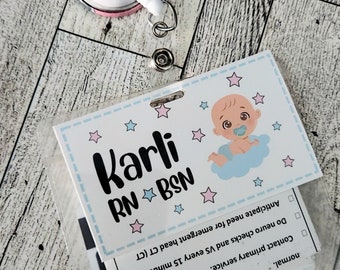 May include: A white and pink retractable badge holder with a white and gold clip. The badge holder has a white card with the text "Karli RN BSN" and a cartoon baby on a cloud. The card also has a checklist with the text "normal", "Do neuro checks and VS every 15 minutes", "Contact primary service", and "Anticipate need for emergent head CT (CT".