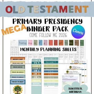 May include: A digital planner pack with the text "Old Testament Primary Presidency Mega Binder Pack Come Follow Me 2026." Includes binder covers, monthly planning sheets, classroom door lists, and baptism lists. Features a Canva logo.
