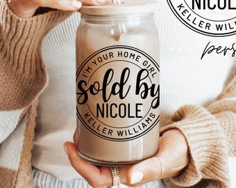 Realtor Gifts for Real Estate Agent Closing Gift 16 oz Iced Coffee Glass Tumbler Sold By Custom Personalized Real Estate Agency Broker Gifts