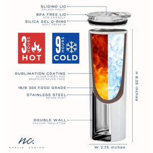 Op de afbeelding: Een roestvrijstalen tumbler met een dubbele wand en vacu&uuml;m isolatie. Het heeft een schuifdeksel, een BPA-vrij deksel en een O-ring van silicagel. De tumbler houdt dranken 3 uur warm en 9 uur koud. Het meet 8,25 inch in hoogte en 2,75 inch in breedte.