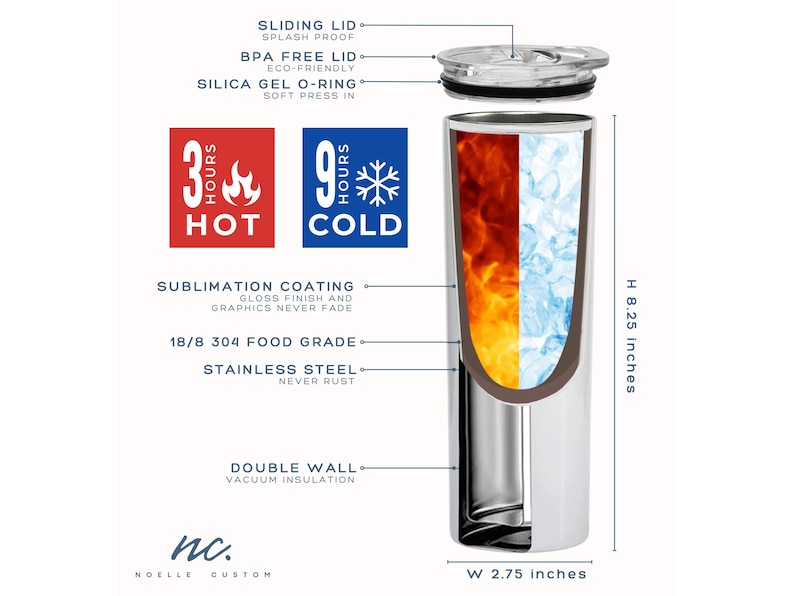 Op de afbeelding: Een roestvrijstalen tumbler met een dubbele wand en vacu&uuml;m isolatie. Het heeft een schuifdeksel, een BPA-vrij deksel en een O-ring van silicagel. De tumbler houdt dranken 3 uur warm en 9 uur koud. Het meet 8,25 inch in hoogte en 2,75 inch in breedte.