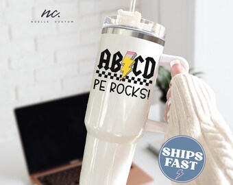 PE Rocks 40oz Tumbler Gift for Teacher Tumbler with Handle ABCD Physical Education Teacher Travel Mug for PE Teacher Appreciation Week Gift