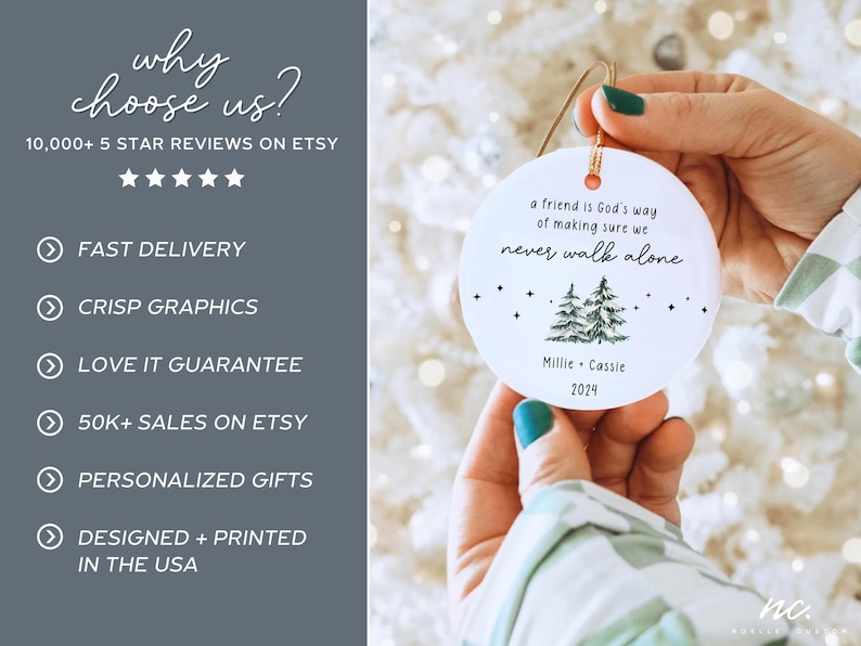 May include: A round white ceramic ornament featuring the text 'a friend is God's way of making sure we never walk alone', a green pine tree illustration, and the names 'Millie + Cassie' with the year '2024' printed in black ink.