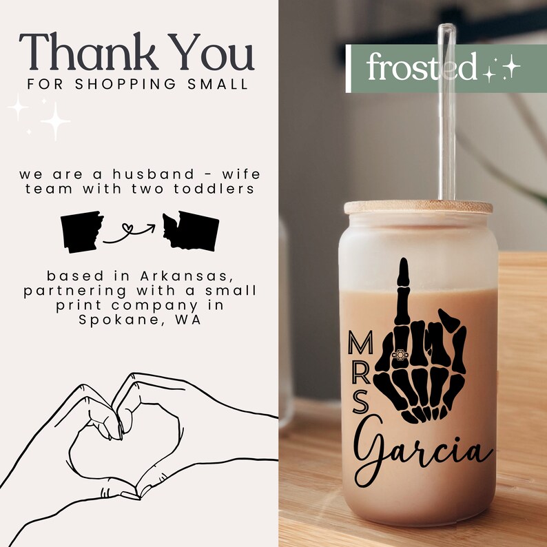 May include: A frosted glass tumbler with a straw, featuring a black skeleton hand with a ring on the middle finger, and the text "MRS Garcia". The tumbler is filled with a brown liquid.