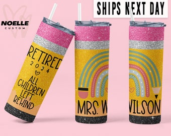 Funny Teacher Retirement Tumbler All Children Left Behind Coffee Mug Custom Teacher Retirement Gifts Personalized 2024 Faux Glitter Pencil