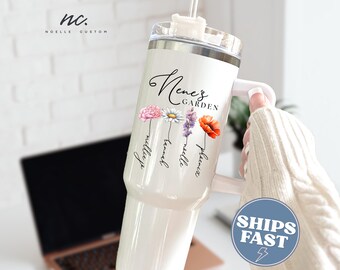 Nene Tumbler Nene's Garden Custom Birth Flower 40oz Tumbler with Handle for Nene Mother's Day Gift with Grandkids Names