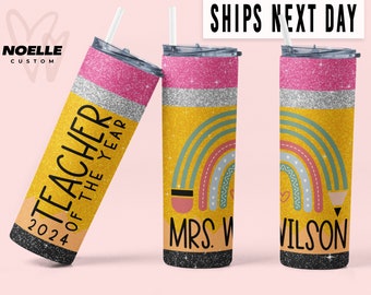 Teacher of the Year Tumbler Personalized 2024 Teacher of the Year Gift Custom Name Teacher Cup Gifts for Teacher Appreciation Faux Glitter
