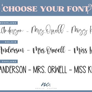 Op de afbeelding: Drie verschillende lettertypen voor de namen Mevrouw Anderson, Mevrouw Orwell en Mejuffrouw Kristi. De lettertypen heten Wonderland, Goldie en Oakland.
