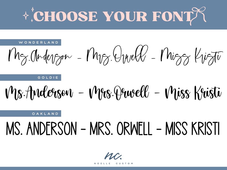 Op de afbeelding: Drie verschillende lettertypen voor de namen Mevrouw Anderson, Mevrouw Orwell en Mejuffrouw Kristi. De lettertypen heten Wonderland, Goldie en Oakland.