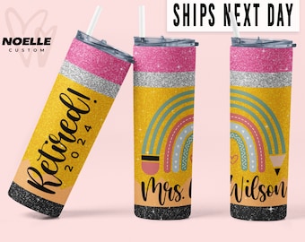 Teacher Retirement Gift Personalized Teacher Retirement Tumbler Custom Name 2024 Teacher Cup Gifts for Retired 2024 Faux Glitter Pencil