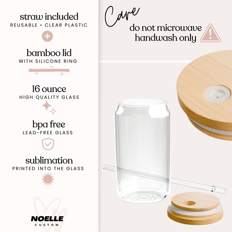 May include: A clear glass 16-ounce can-shaped tumbler with a bamboo lid and a reusable straw. The tumbler is BPA and lead-free and features a sublimation print. The text "Cave do not microwave handwash only" is printed on the image.