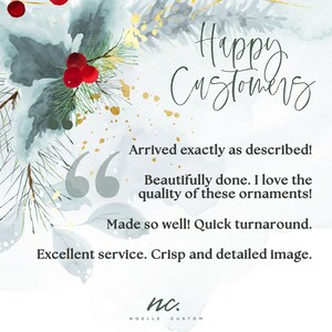 May include: A customer review with a quote about the quality of ornaments. The review says "Arrived exactly as described! Beautifully done. I love the quality of these ornaments! Made so well! Quick turnaround. Excellent service. Crisp and detailed image." The review is surrounded by a watercolor background with a holly sprig and red berries.