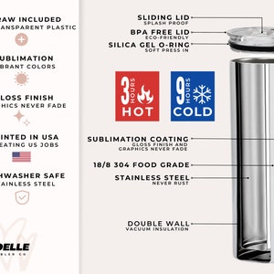 May include: A stainless steel tumbler with a double wall and vacuum insulation. It features a sliding lid, a BPA free lid, and a silica gel O-ring. The tumbler is printed with the text "3 Hours Hot" and "9 Hours Cold". It is dishwasher safe and comes with a straw.