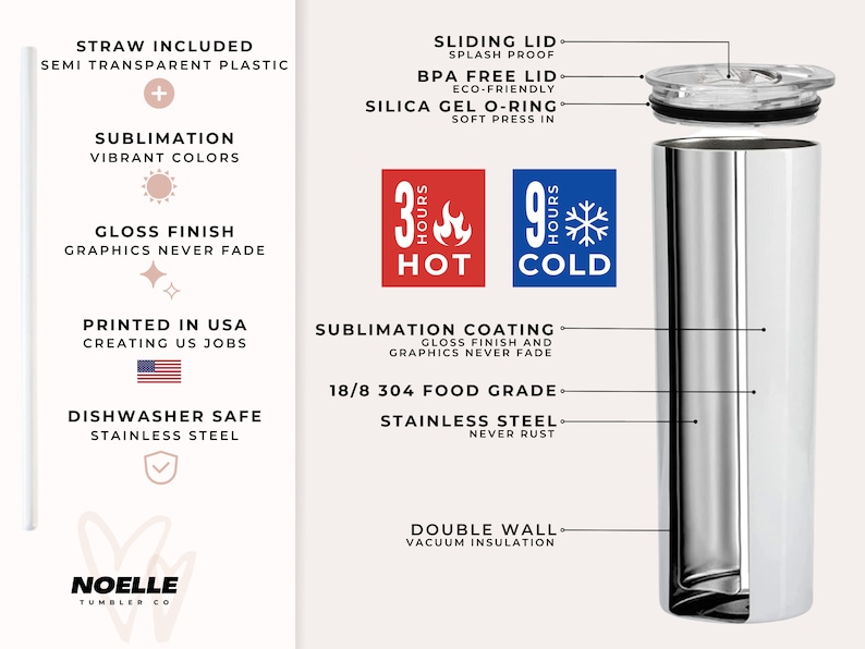 May include: A stainless steel tumbler with a double wall and vacuum insulation. It features a sliding lid, a BPA free lid, and a silica gel O-ring. The tumbler is printed with the text "3 Hours Hot" and "9 Hours Cold". It is dishwasher safe and comes with a straw.