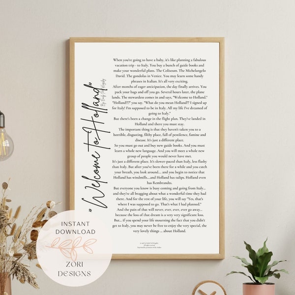 Left Title Welcome To Holland Poem Light | Special Needs Art | Down Syndrome | Diabetes | Rett Syndrome | Rare CDG Nicu Gift | Digital Print