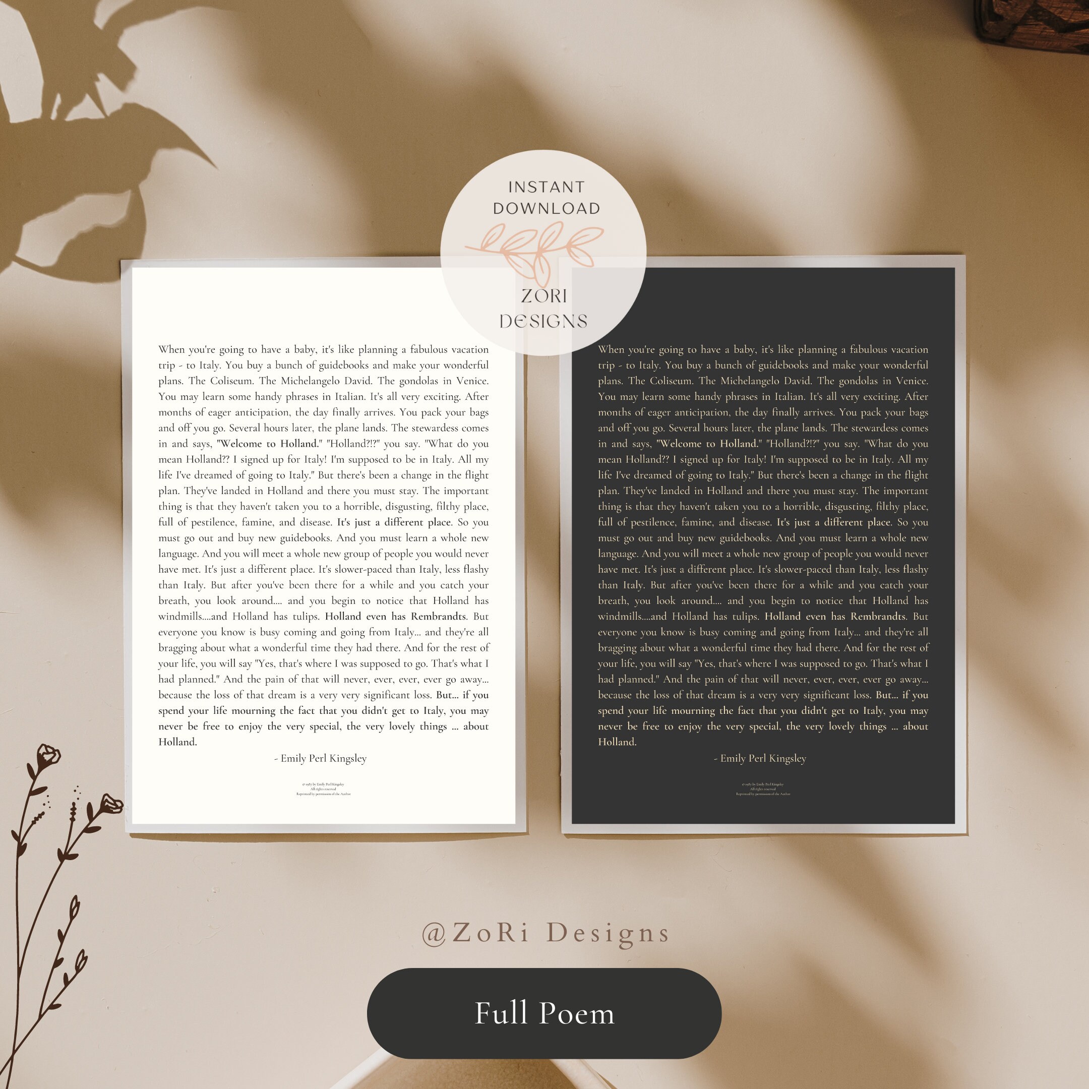 Dark Full to Holland Poem Print Neutral Special Needs Art