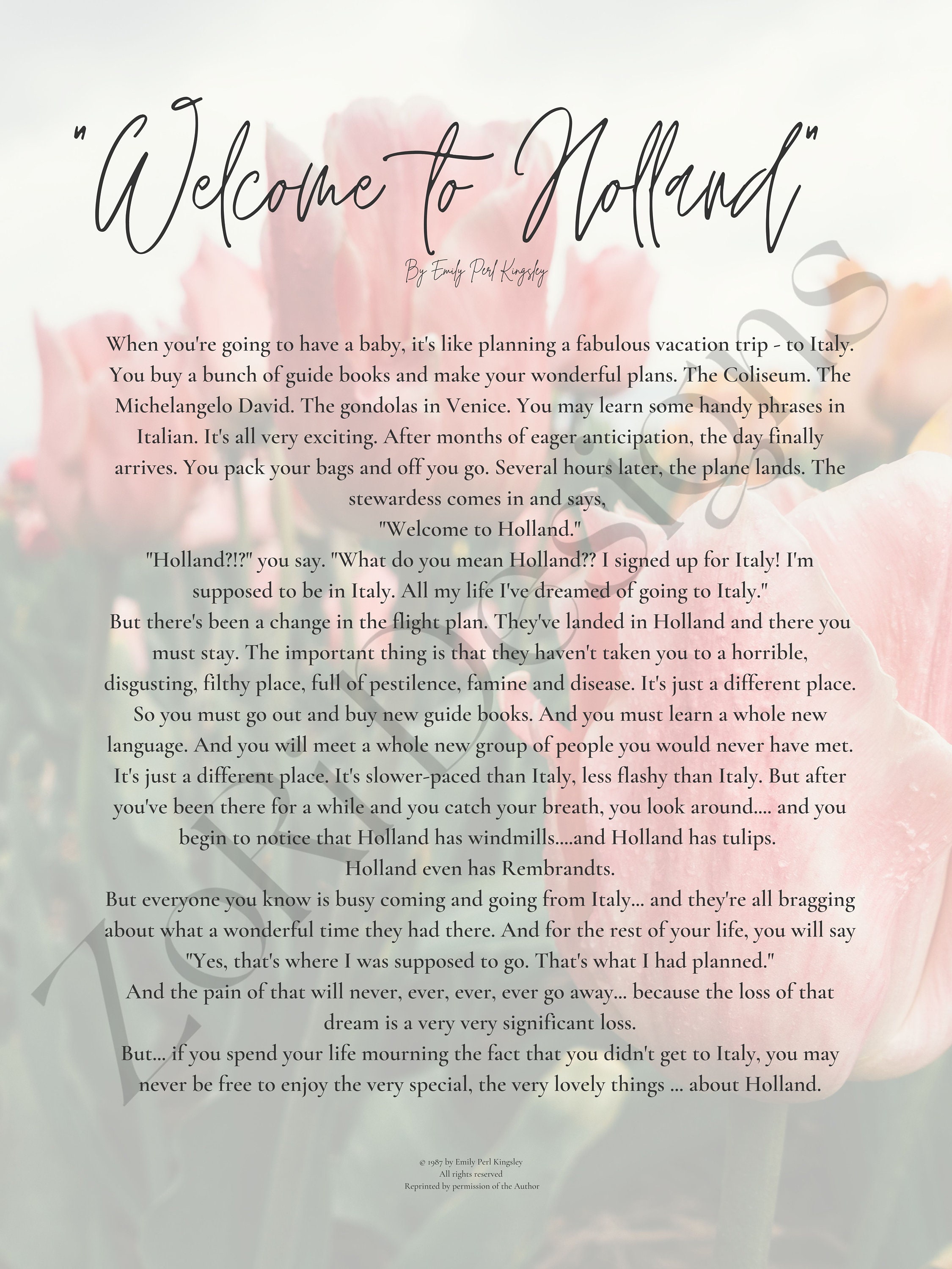 Tulip Center Title to Holland Poem Print Special Needs Art Down Syndrome CDKL5 Rett