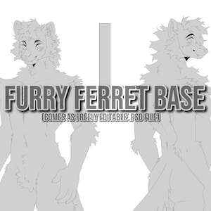 Op de afbeelding: Grijze illustratie van een harige fretbasis, met voor- en achteraanzicht. Tekst luidt "FURRY FERRET BASE" en "(COMES AS FREELY EDITABLE .PSD FILE)". De fret heeft een pluizige manen, staart en beenvacht. Op een witte achtergrond.