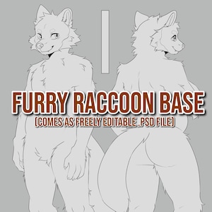 Könnte beinhalten: Zeichnung einer Waschbär-Fellbasis in Linien, die sowohl die Vorder- als auch die Rückseite zeigt. Die Basis ist für digitale Kunst und wird als frei bearbeitbare PSD-Datei geliefert.