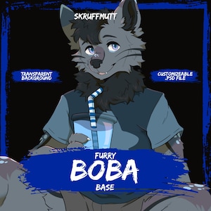 Puede incluir: Una ilustración digital de un personaje lobo antropomórfico gris con pelaje oscuro, sosteniendo un té boba con una pajita de rayas azules y blancas. La imagen incluye el texto SKRUFFMUTT, TRANSPARENT BACKGROUND, CUSTOMIZABLE .PSD FILE y FURRY BOBA BASE.