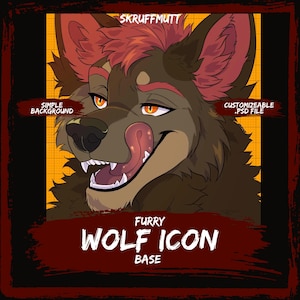 Puede incluir: Una ilustración digital de un personaje de lobo marrón con ojos naranjas y pelaje teñido de rojo, lamiéndose los labios. La imagen incluye el texto SKRUFFMUTT, SIMPLE BACKGROUND, CUSTOMIZEABLE .PSD FILE y FURRY WOLF ICON BASE sobre una cuadrícula naranja.