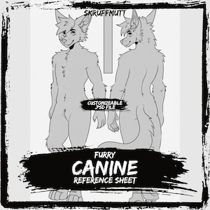 May include: A black and white digital line art reference sheet featuring a front and back view of a canine character. The image includes the text SKRUFFMUTT, CUSTOMIZEABLE .PSD FILE, and FURRY CANINE REFERENCE SHEET in a bold, brush-stroke style.