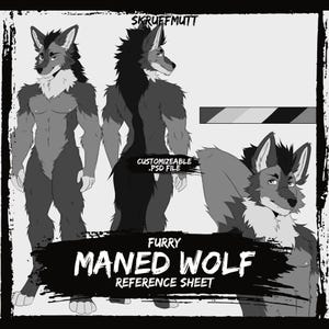 May include: A digital reference sheet for a maned wolf character, featuring front and back full-body views and a close-up portrait. The character is depicted in shades of gray, black, and white. Text includes SKRUEFMUTT, CUSTOMIZABLE .PSD FILE, and FURRY MANED WOLF REFERENCE SHEET.
